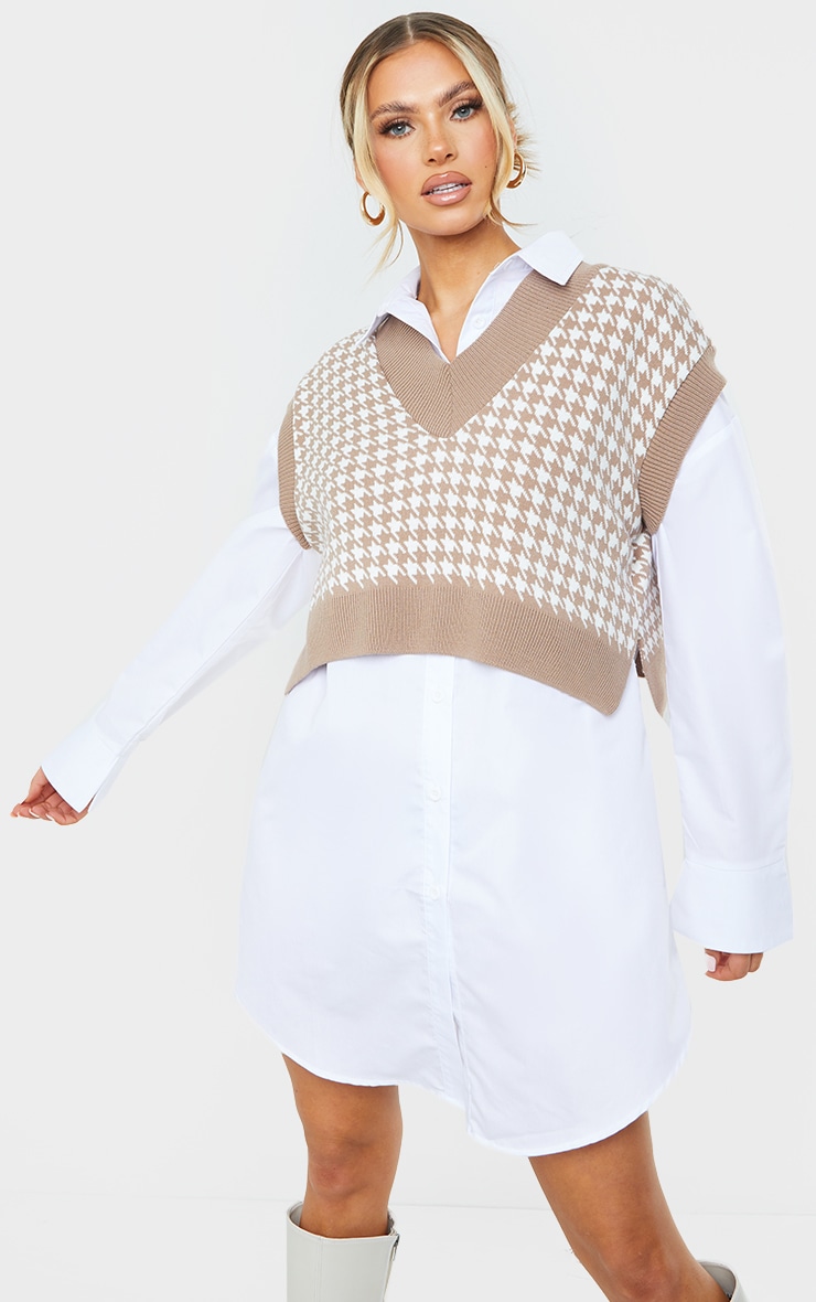 Pull sans manches court en maille pied-de-poule nude à col en V