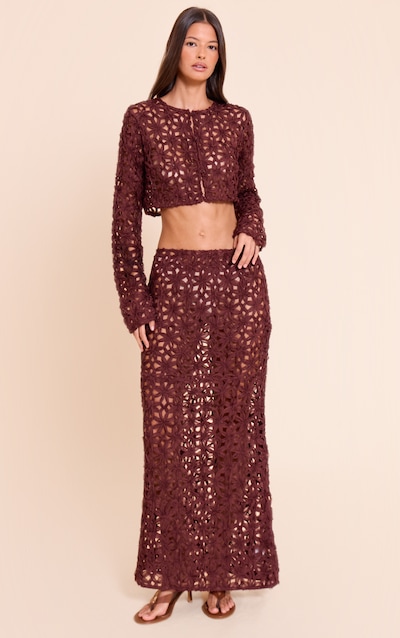 Dark Brown Textured Floral Maxi Skirt