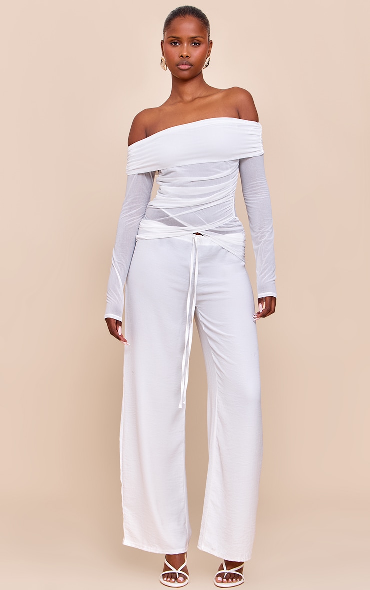 Cream Stretch Chiffon Ruching Bardot Detail Long Sleeve Top image 3