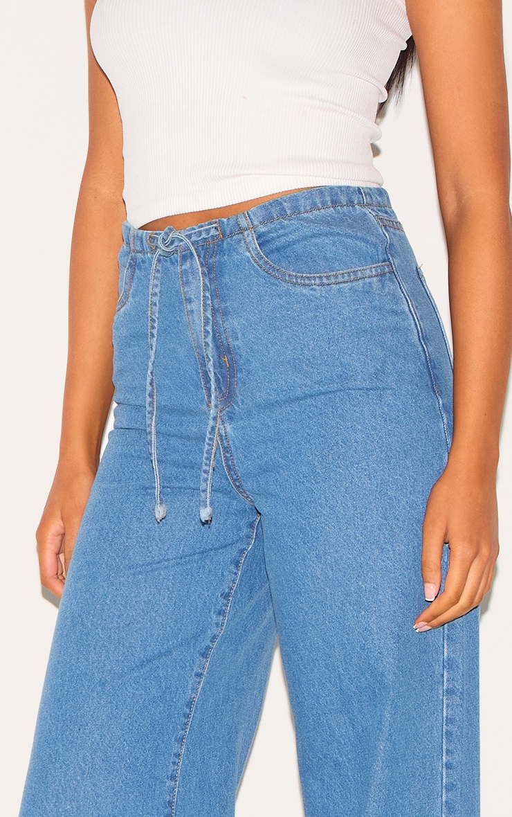 Tall Mid Blue Wash Low Rise Tie Waistband Wide Leg Jeans image 4