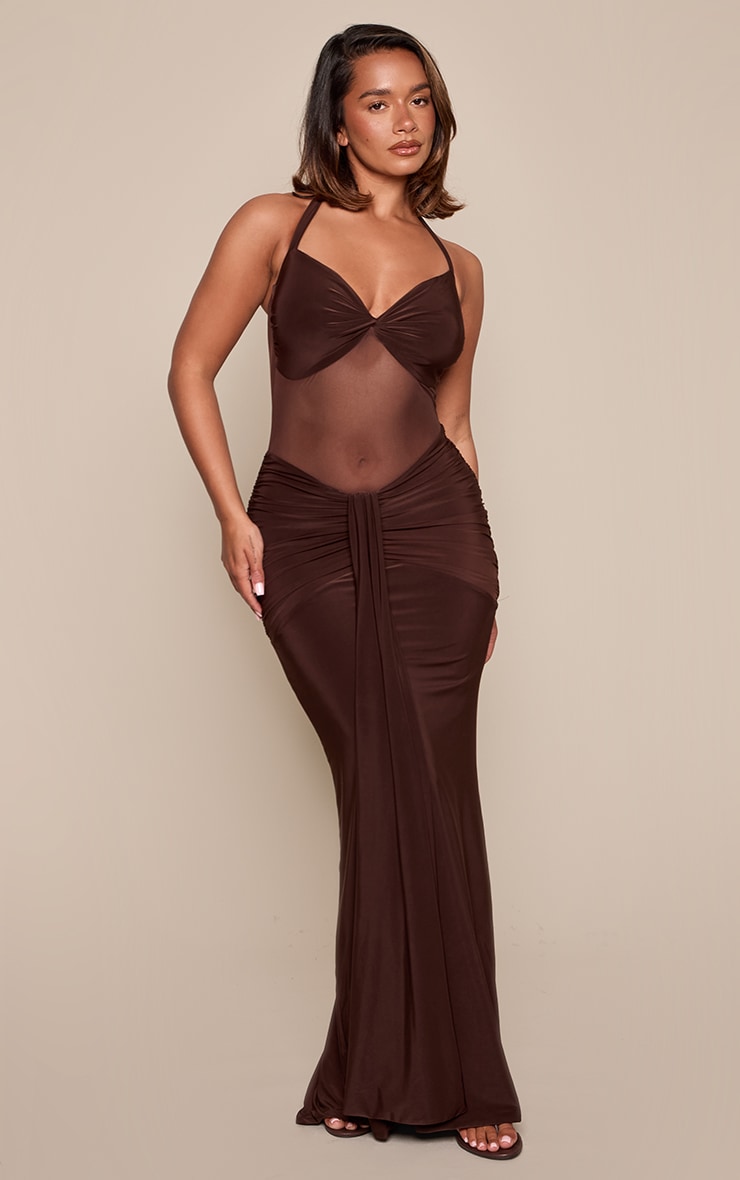 Shape Chocolate Slinky Mesh Panel Drape Detail Halterneck Maxi Dress image 1