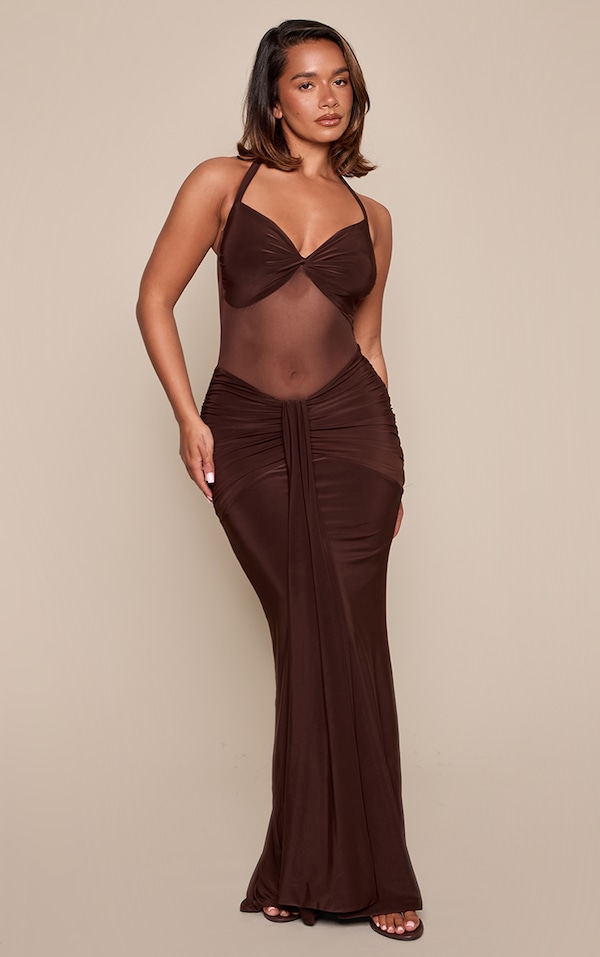 Shape Chocolate Slinky Mesh Panel Drape Detail Halterneck Maxi Dress