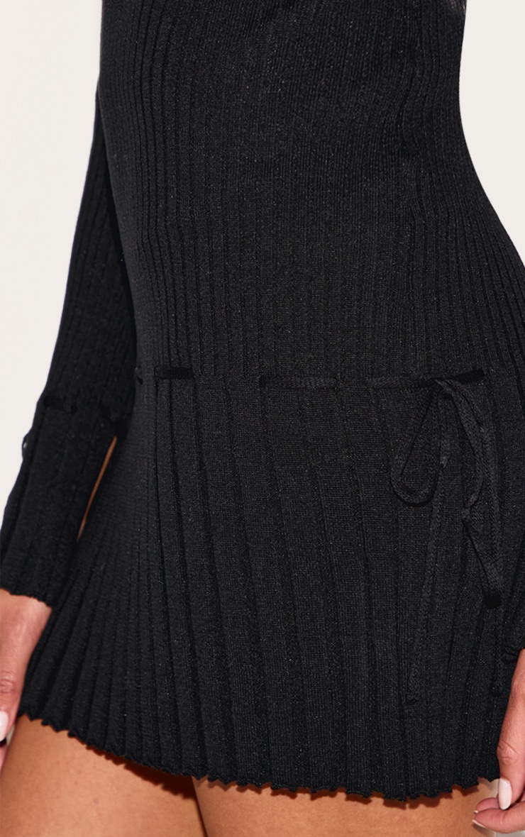 Black Rib Knit Pleated Tie Detail Long Sleeve Mini Dress image 4