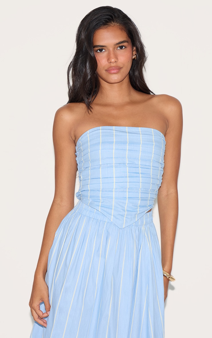 Top bustier en popeline de coton bleue froncée devant image 1
