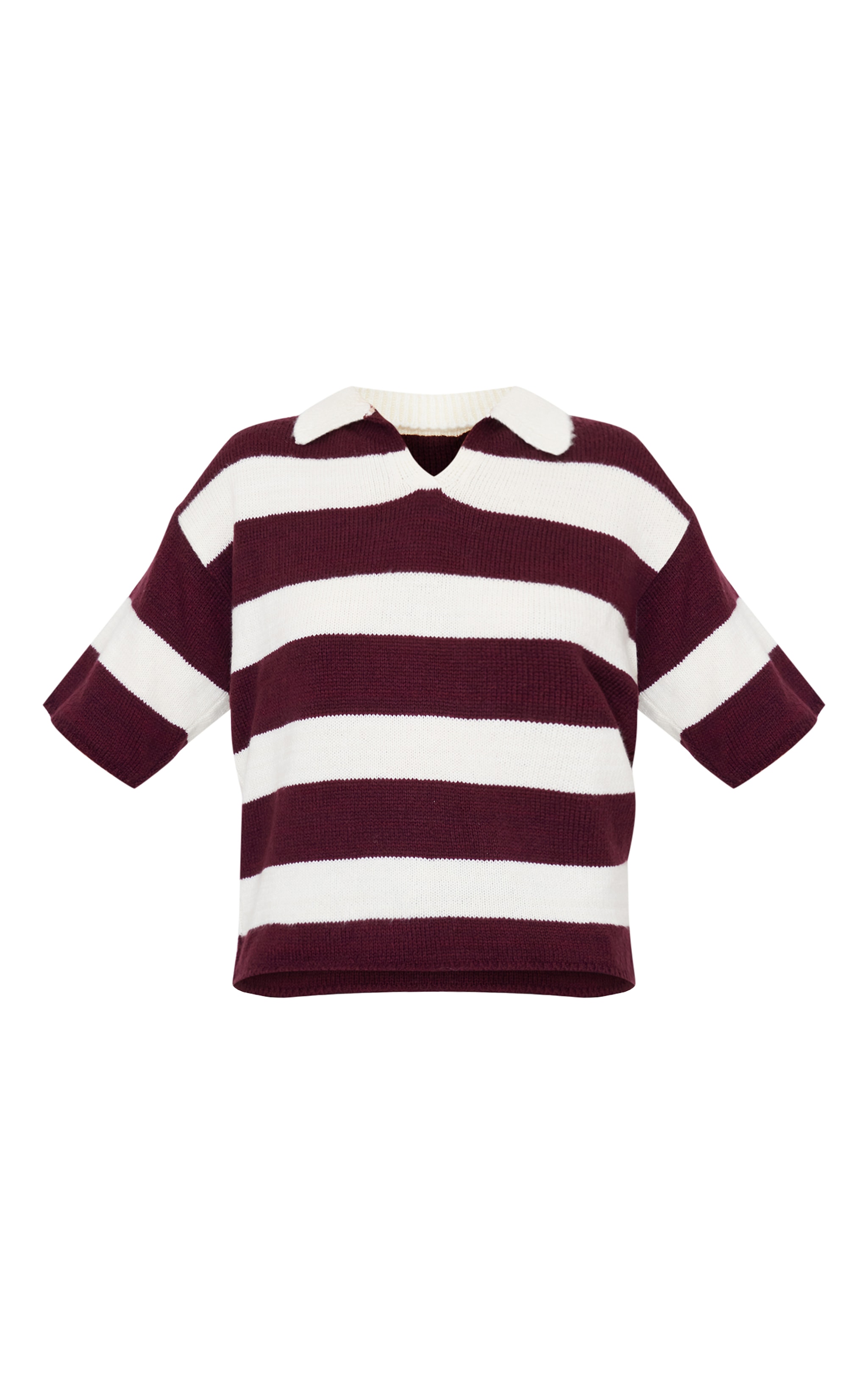 Burgundy Stripe Knit V Neck Oversized Rugby Top image 3