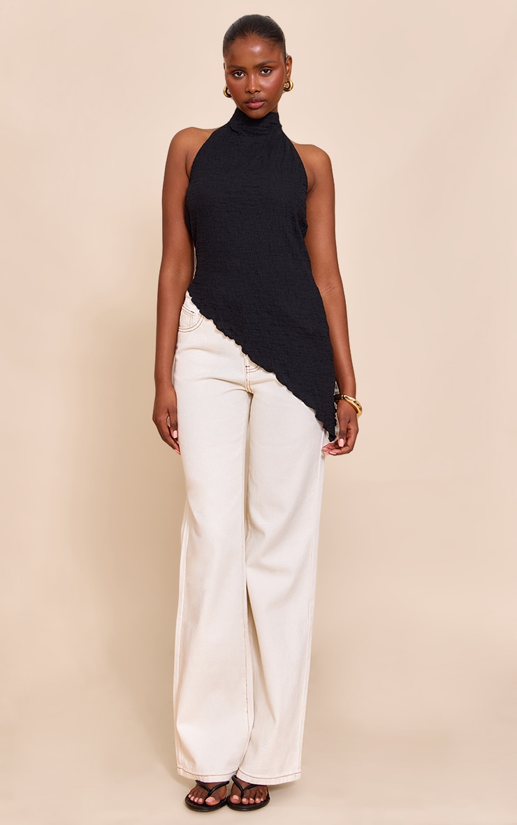Black Textured High Neck Asymmetric Hem Long Top | Tops
