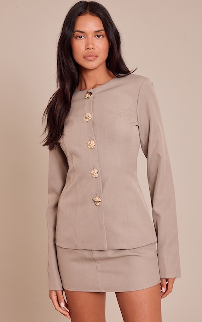Taupe Gold Trim Cinched Waist Blazer