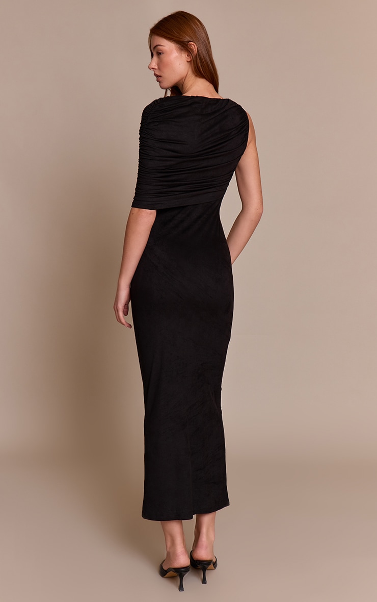 Black Faux Suede One Shoulder Drape Detail Maxi Dress image 2