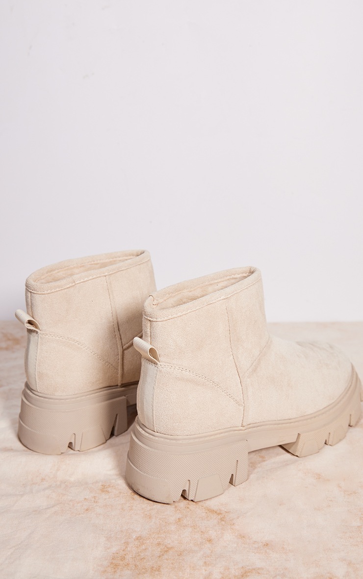 Cream Faux Suede Round Borg Lined Chunky Ankle Boots image 4