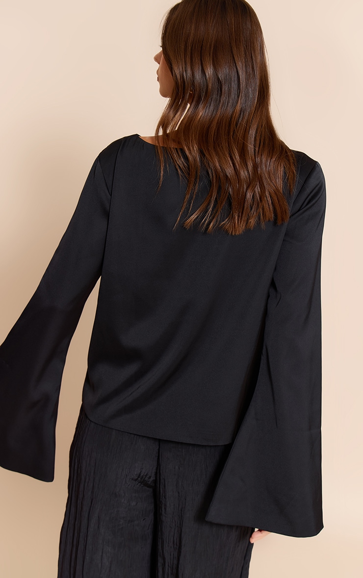 Black Satin Boat Neck Flare Sleeve Top image 2