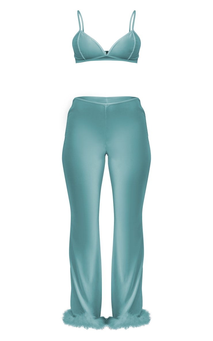 Teal Mesh Fur Trim Pant & Bralette Pj Set image 5