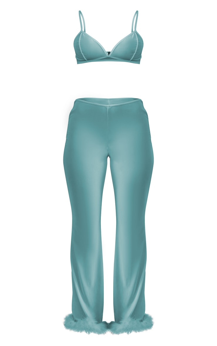 Teal Mesh Fur Trim Trouser & Bralette Pj Set image 5