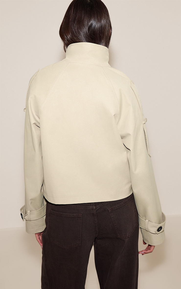 Beige Double Breasted Funnel Neck Cropped Trench Coat image 2