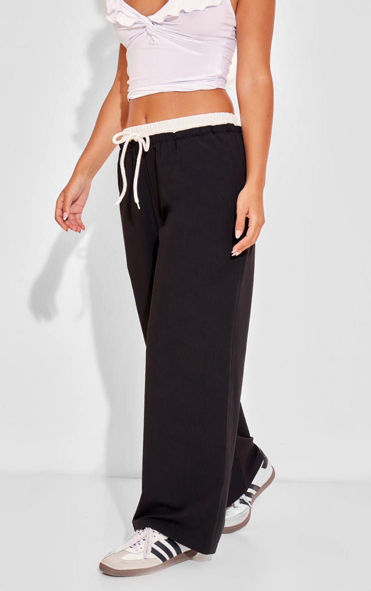 Petite Black Boxer Detail Drawstring Waist Pants image 2