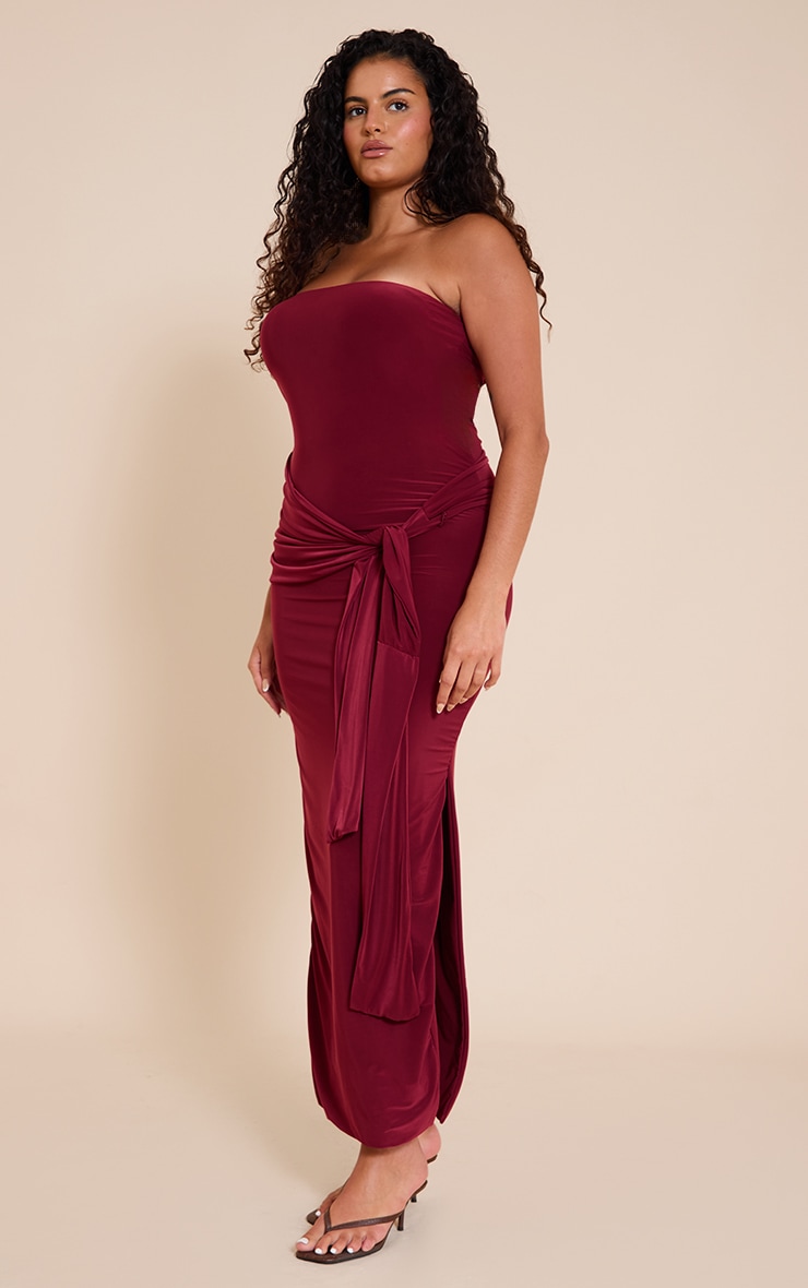 Plus Burgundy Tie Detail Bandeau Soft Touch Maxi Dress image 3