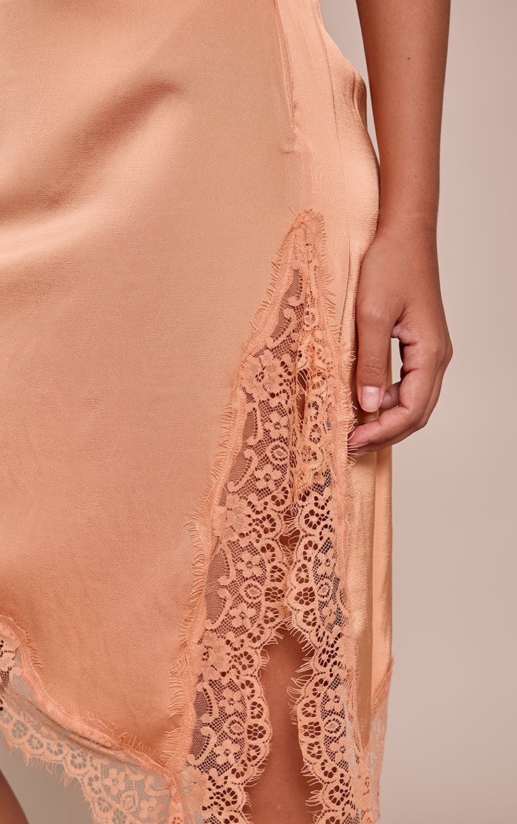Peach Satin Lace Trim Asymmetric Midi Skirt image 5