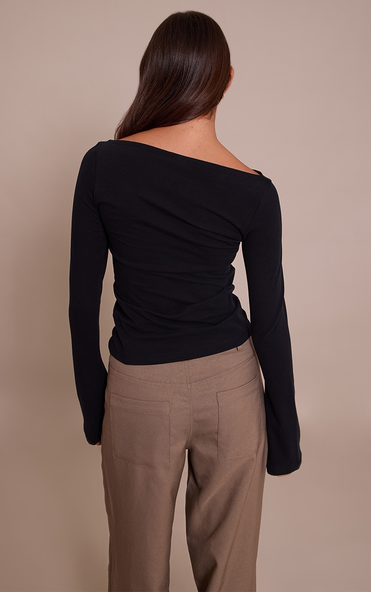 Black Soft Cotton Boat Neck Flared Long Sleeve Top image 2
