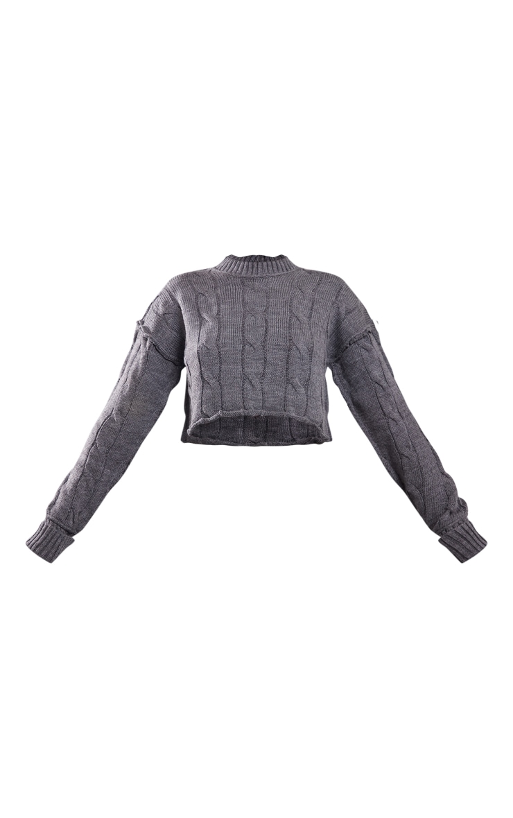 Charcoal Grey Cropped Cable Exposed Seam Knit Sweater image 5