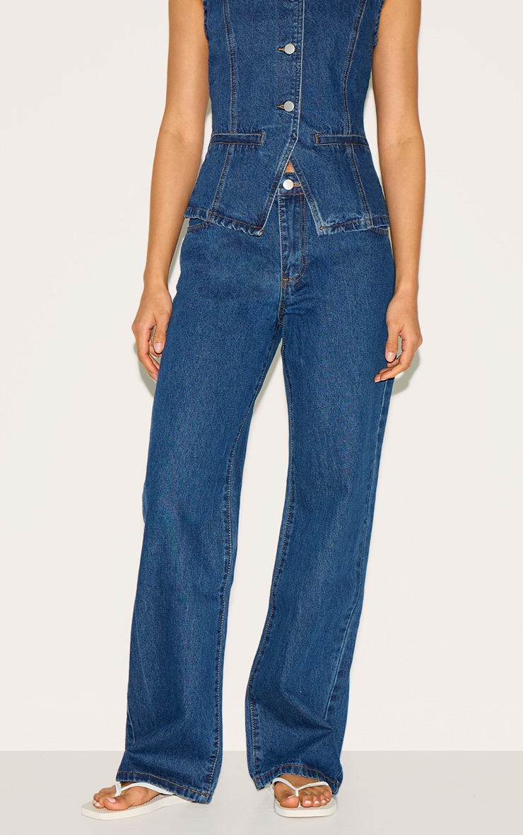 Dark Blue Mid Waist Straight Leg Jeans image 2