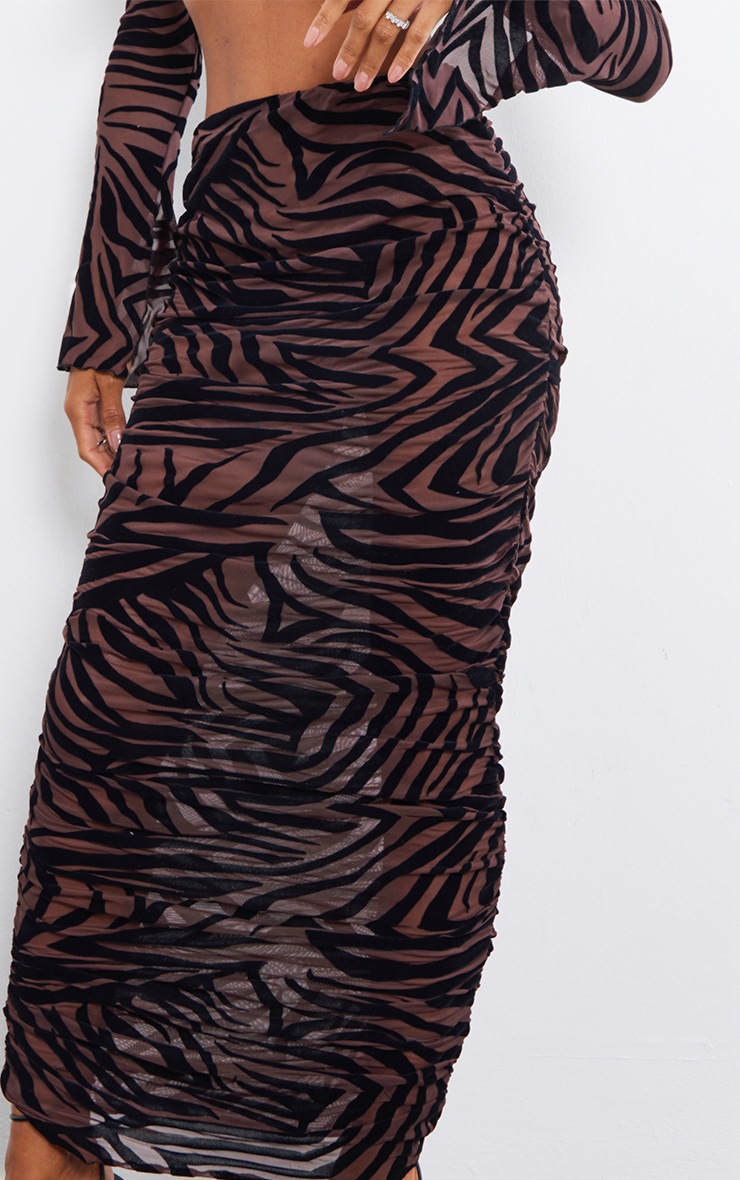 Chocolate Zebra Devore Ruched Side Midi Skirt image 4