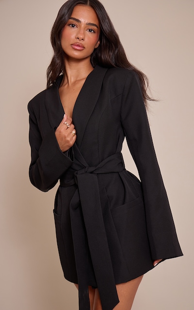 Petite Robe blazer de tailleur noire à taille nouée