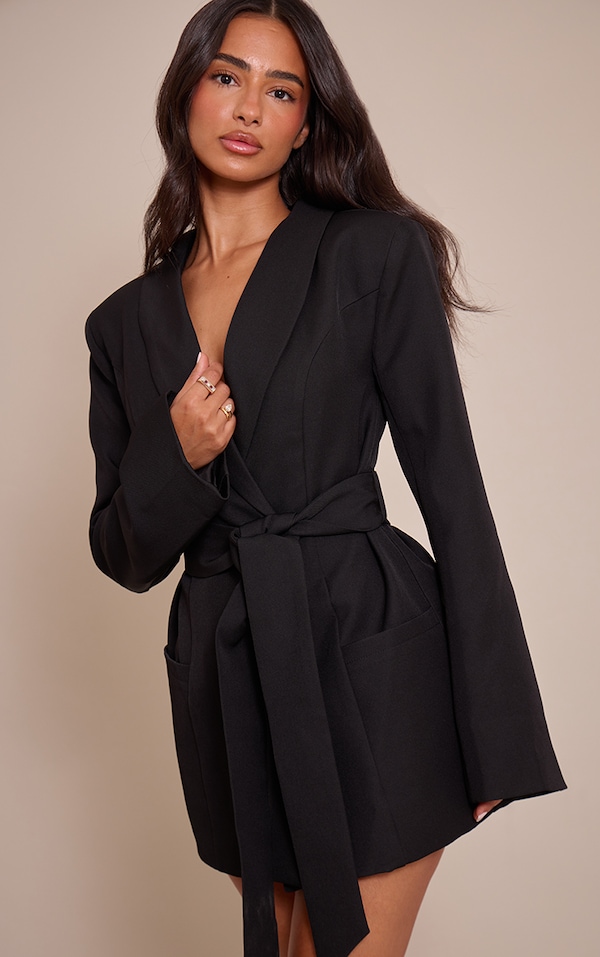 Petite Black Tailored Tie Waist Blazer Dress