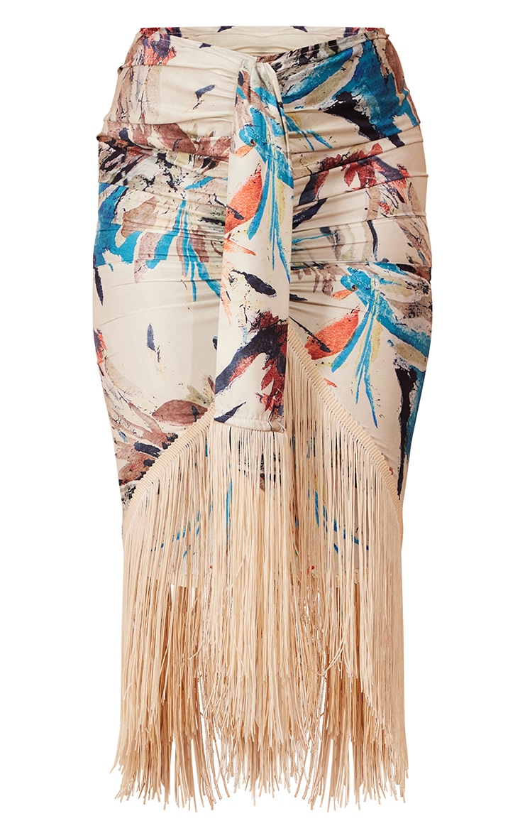 Stone Leaf Abstract Print Tassel Hem Midi Skirt image 5