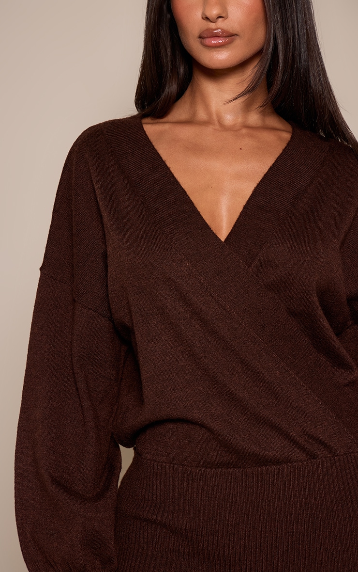 Petite Chocolate Ribbed Waist Slouchy Knitted Jumper Dress image 4