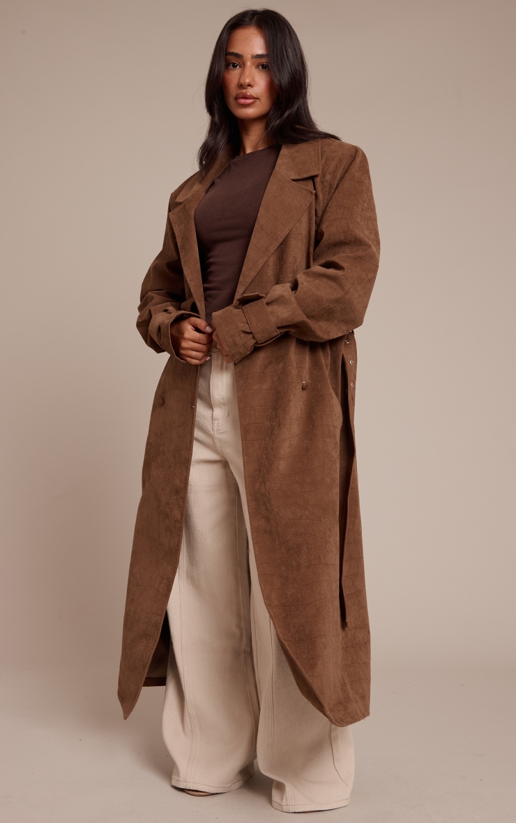 Petite Chocolate Croc Suede Trench Coat image 3