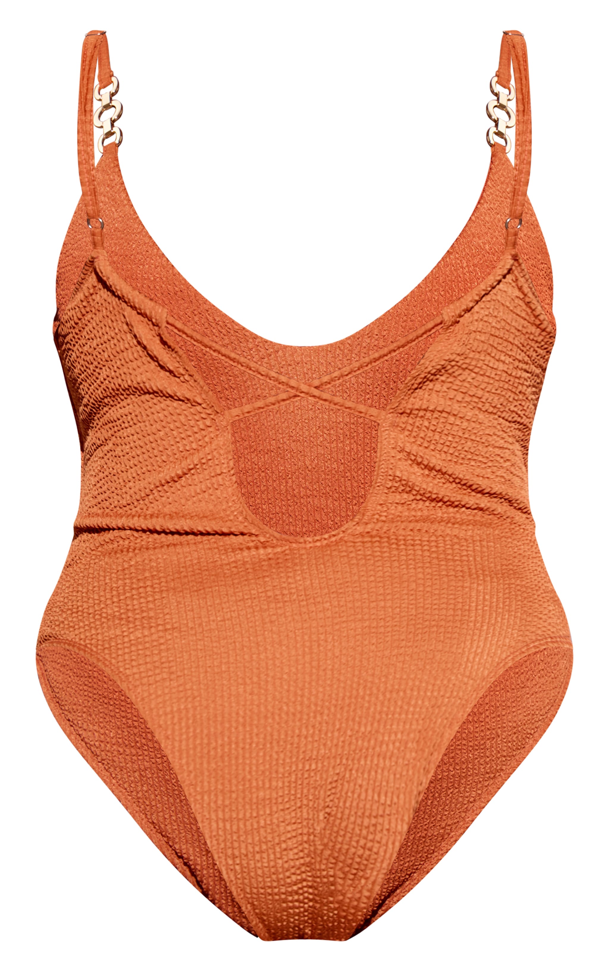 Plus Burnt Orange Rib Chain Detail V Neck Swimsuit image 2