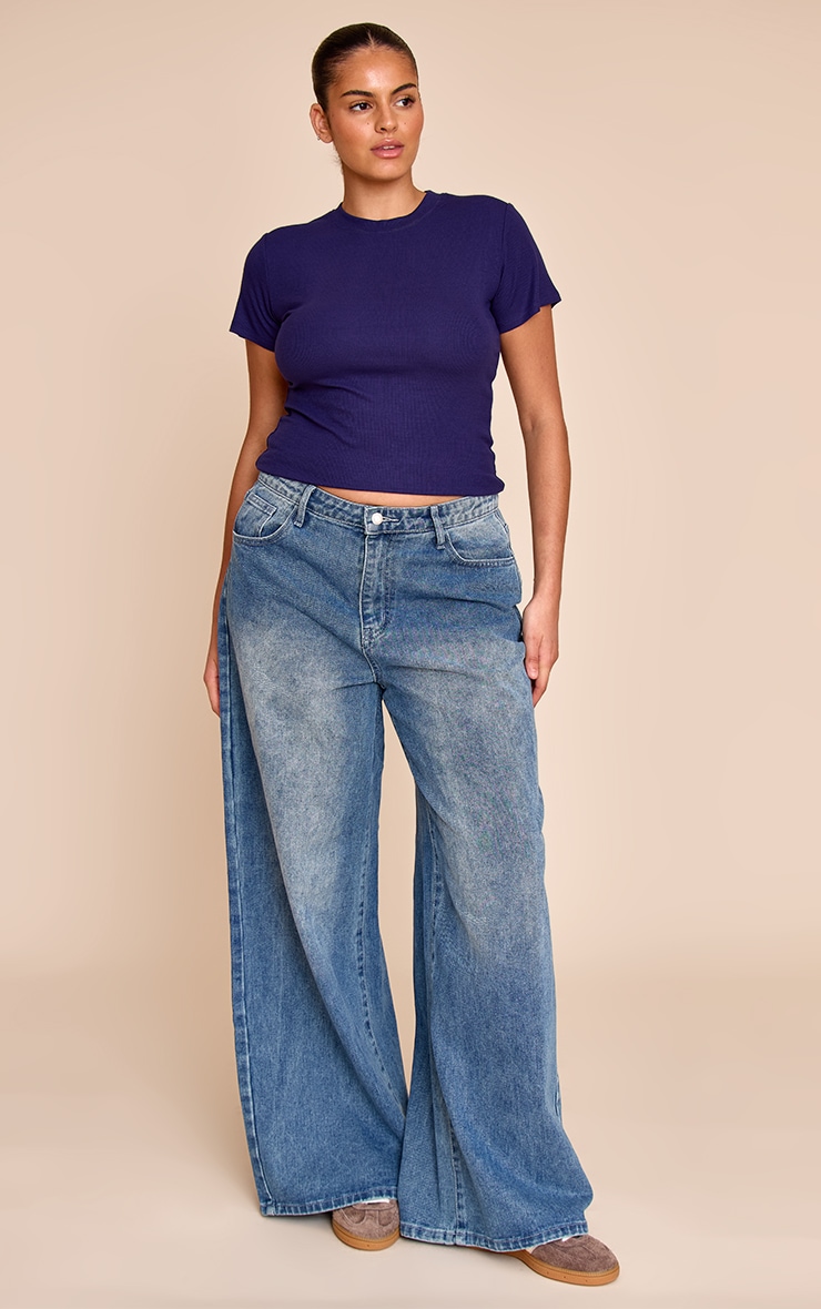 Plus Indigo Blue Soft Rib Crew Neck Short Sleeve Top image 3