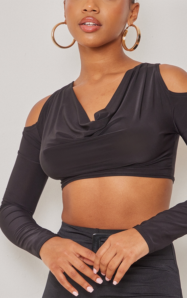 Black Slinky Cowl Neck Cold Shoulder Crop Top image 2