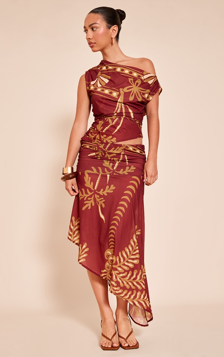 Rust Palm Print Chiffon Asymmetric Midi Skirt image 1