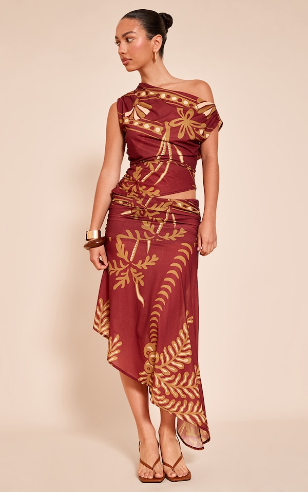  Rust Palm Print Chiffon Asymmetric Midi Skirt