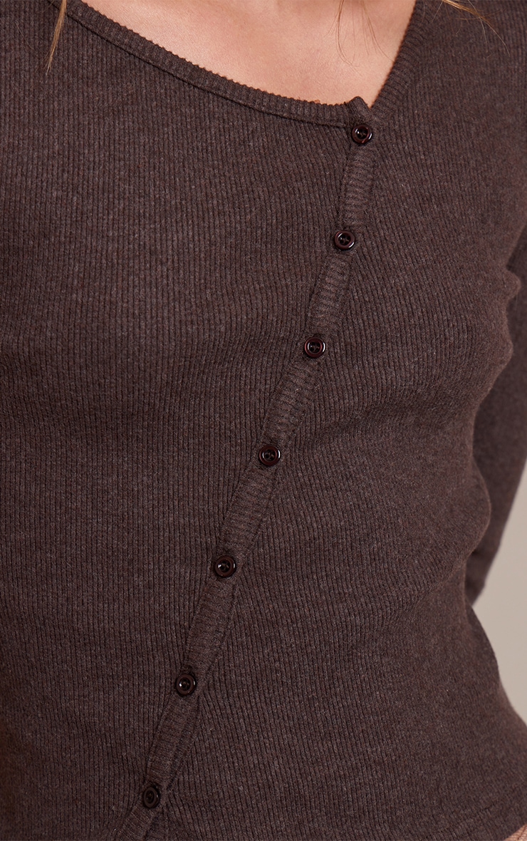 Chocolate Heavy Brushed Rib Asymmetric Button Long Top image 4