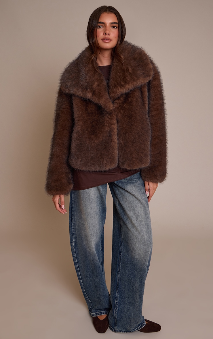Chocolate Faux Fur Short Shawl Collar Coat image 3