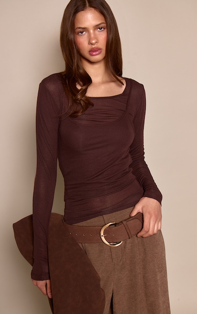 Chocolate Sheer Soft Touch Overlay Long Sleeve Top