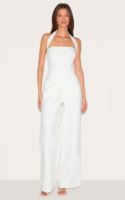 Cream Premium Woven Halterneck Straight Leg Jumpsuit
