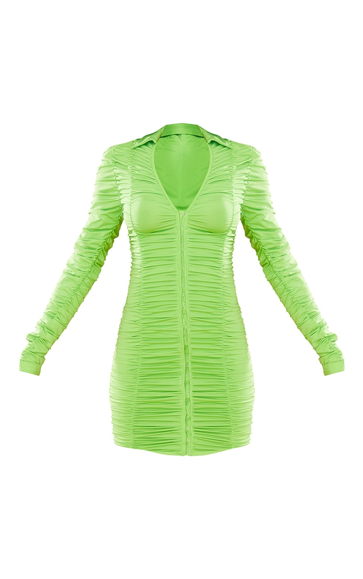 Lime Hook & Eye Detail Ruched Slinky Shirt Dress image 5