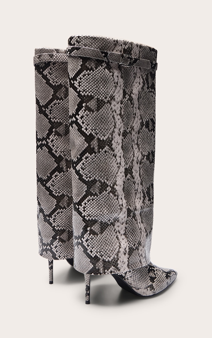 Grey Snake Fold Over Heeled Knee High Boot image 4
