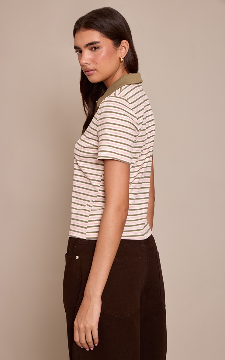 Khaki Soft Rib Striped Detail Collared Short Sleeve Top image 2