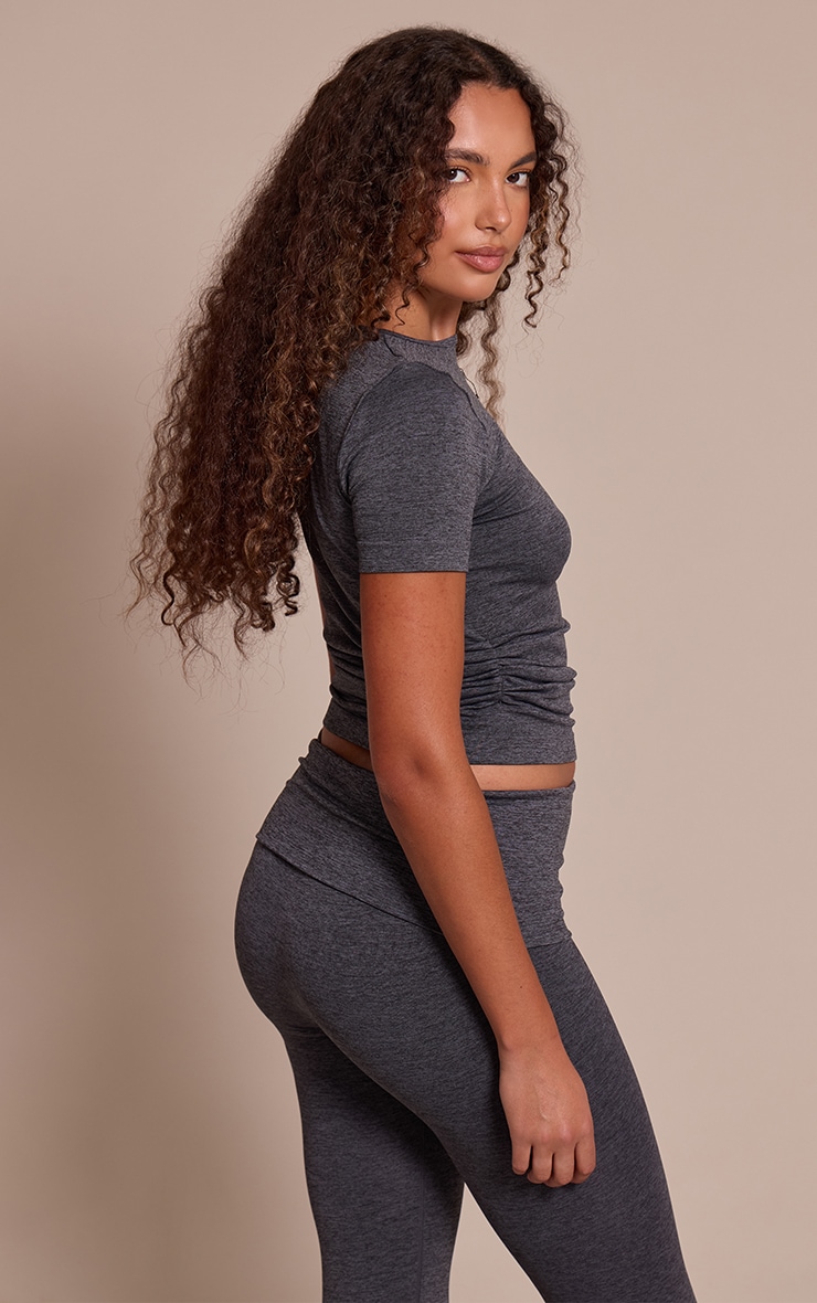 Tall Charcoal Seamless Marl Layered Ruched Side Gym Top image 2