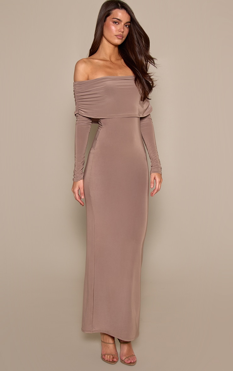 Taupe Double Layer Slinky Bardot Maxi Dress image 3