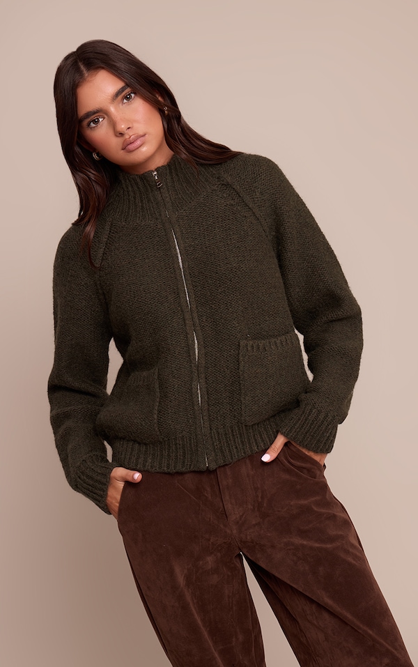 Cardigan en maille tricot vert olive à zip et poches