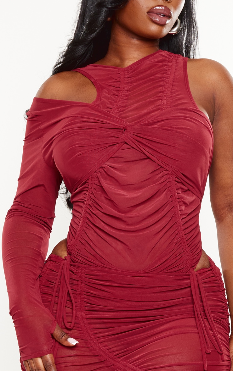 Plus Burgundy Extreme Ruched One Sleeve Bodysuit | Plus Size
