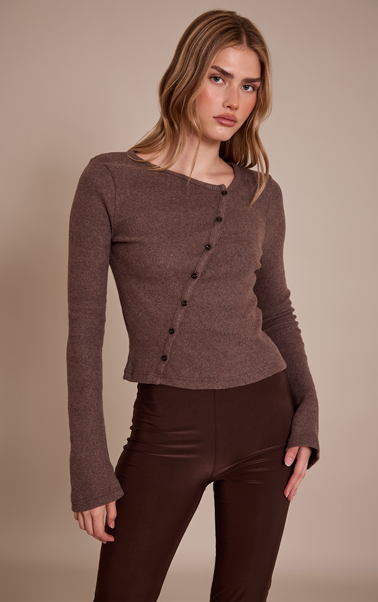 Chocolate Heavy Brushed Rib Asymmetric Button Long Top image 1