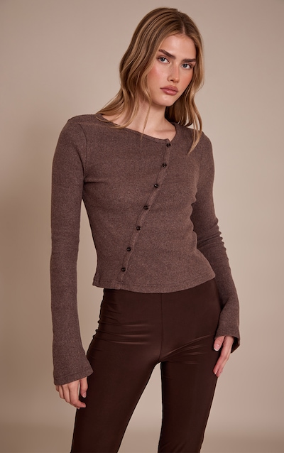 Chocolate Heavy Brushed Rib Asymmetric Button Long Top