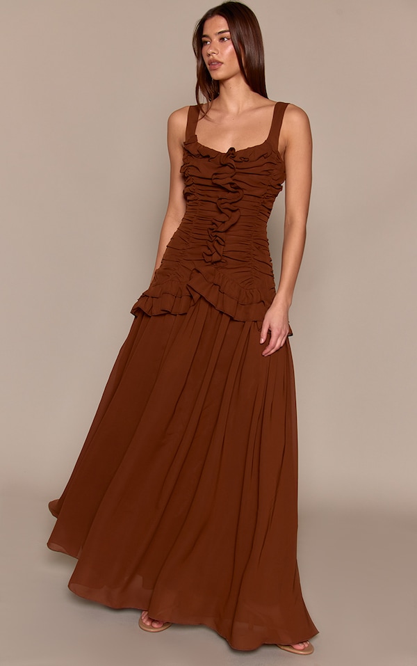 Chocolate Chiffon Ruched Frill Maxi Dress