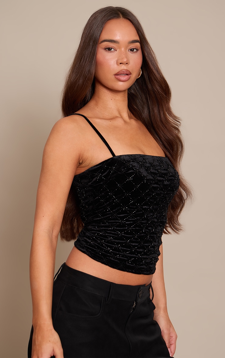 Black Velvet Embellished Strappy Top image 4