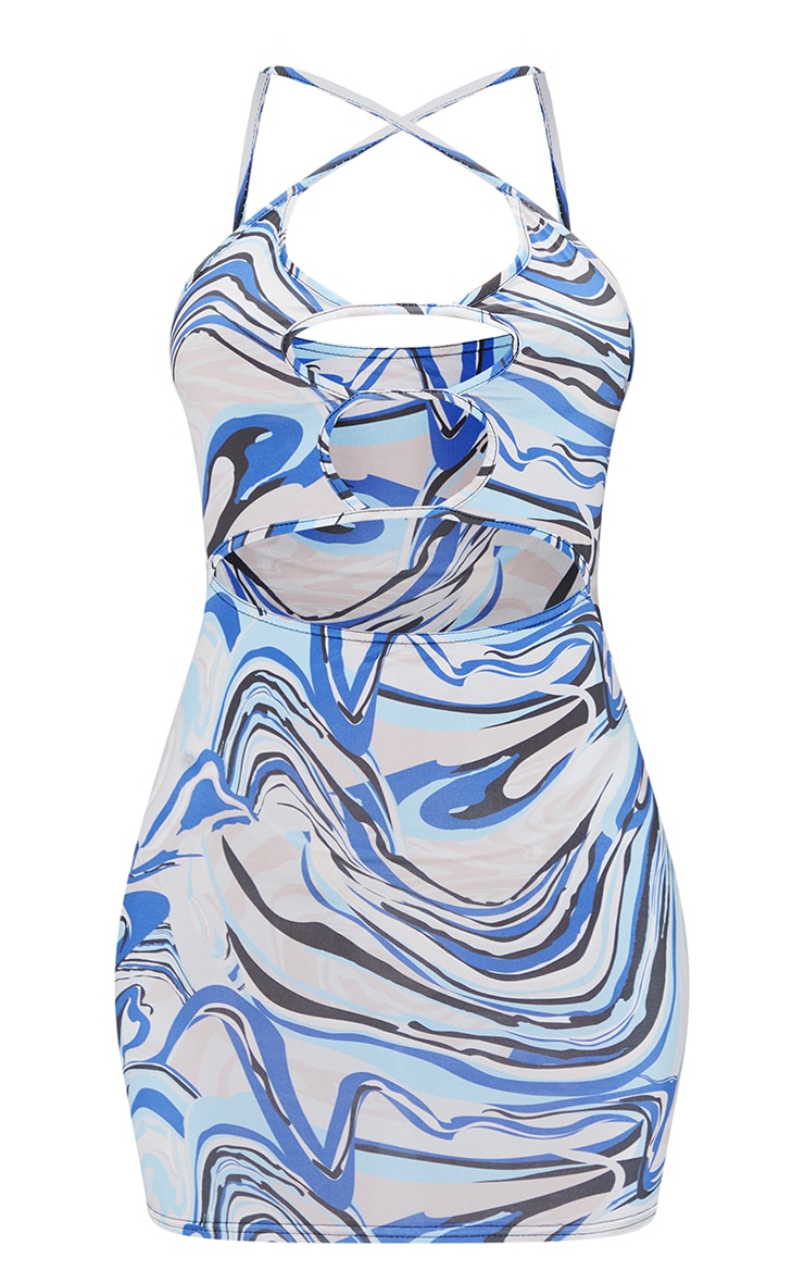 Blue Slinky Abstract Print Double Keyhole Cut Out Bodycon Dress image 5